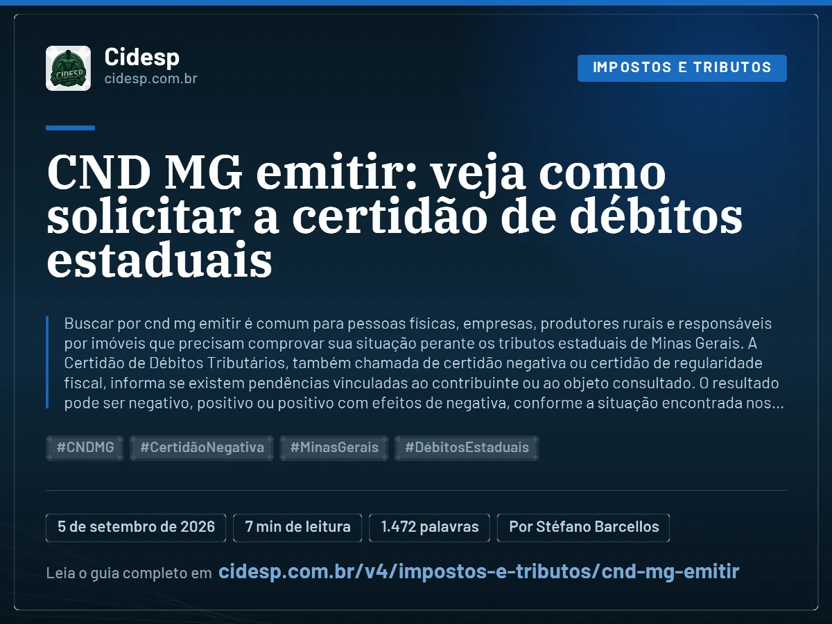Cartão do artigo “CND MG emitir: veja como solicitar a certidão de débitos estaduais”, com resumo, data de publicação e endereço da página.