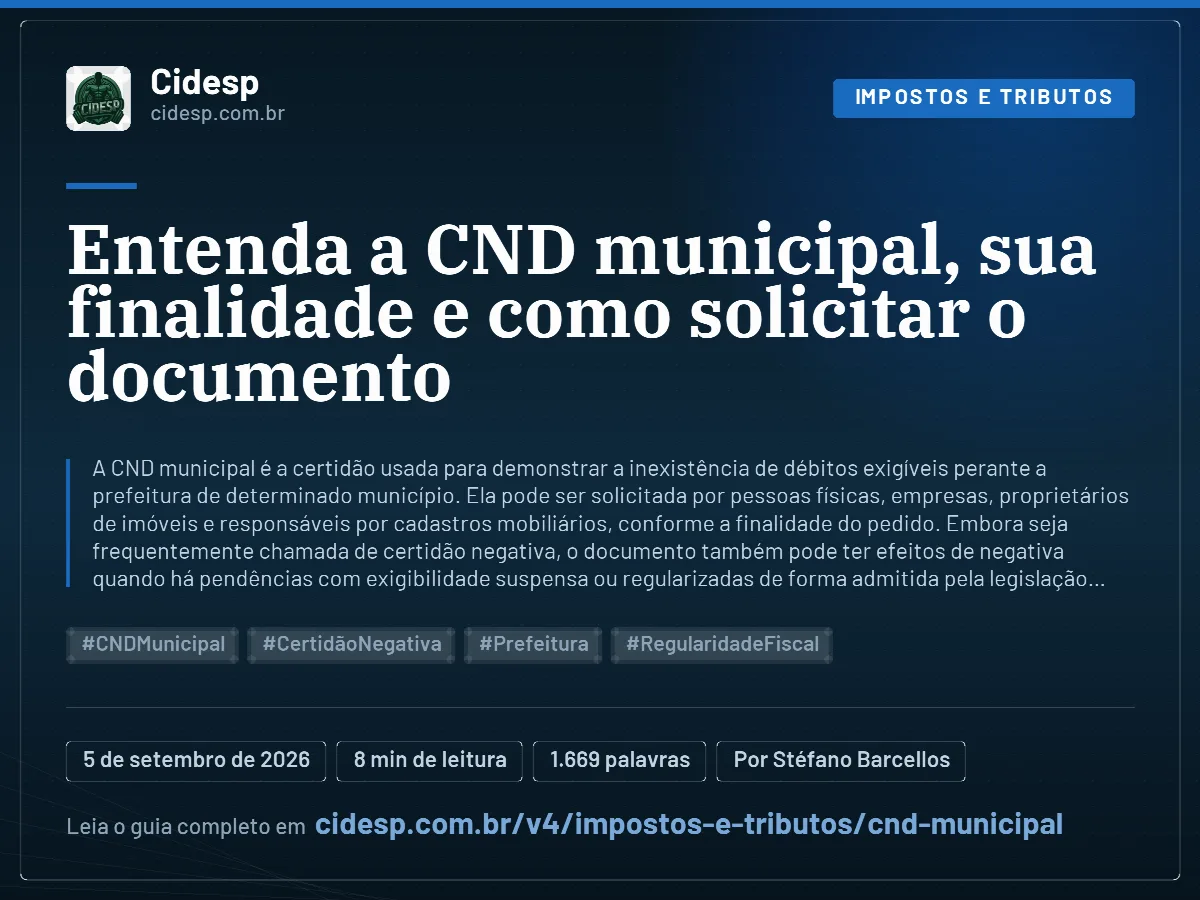 Cartão do artigo “Entenda a CND municipal, sua finalidade e como solicitar o documento”, com resumo, data de publicação e endereço da página.