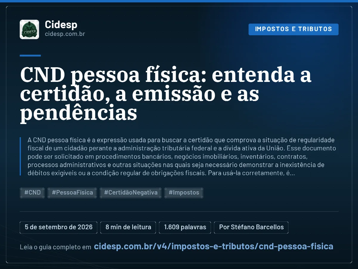 Cartão do artigo “CND pessoa física: entenda a certidão, a emissão e as pendências”, com resumo, data de publicação e endereço da página.