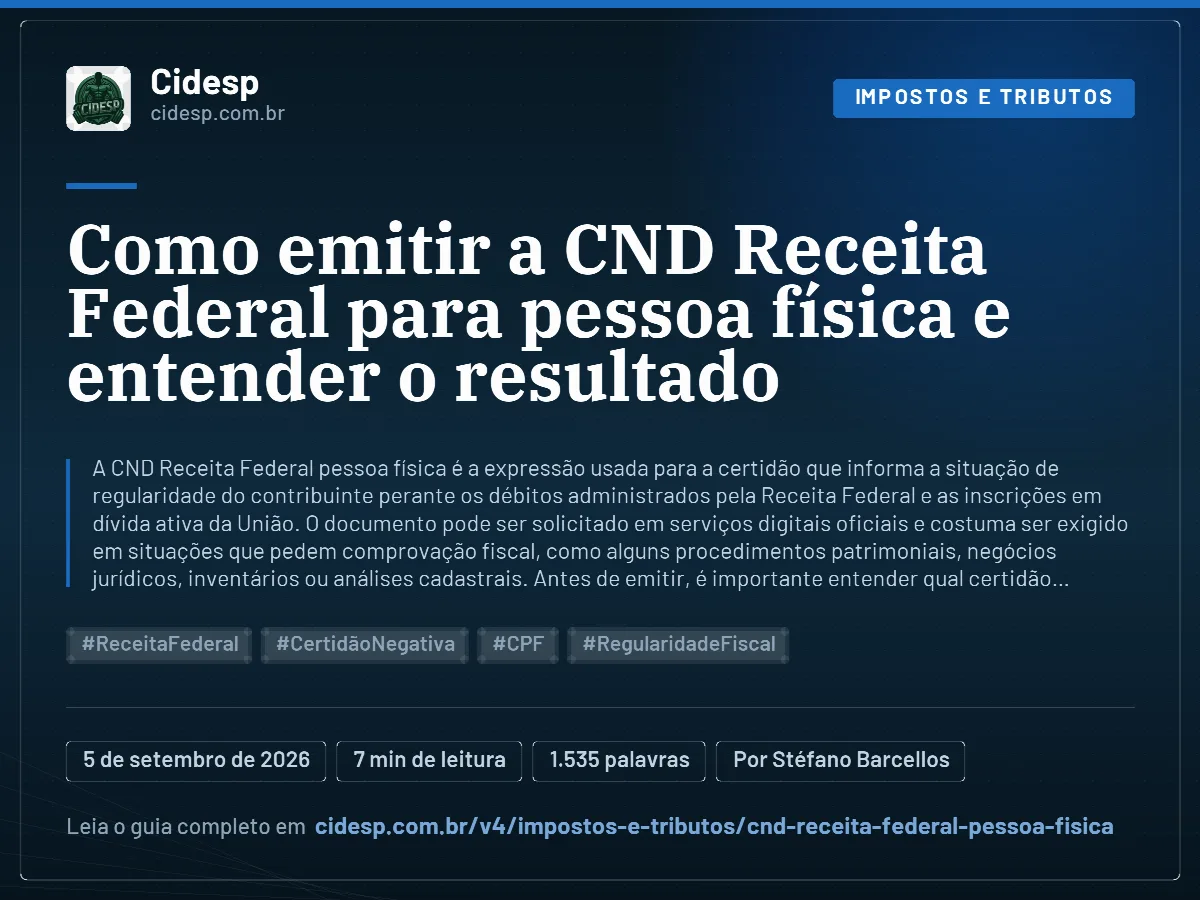 Cartão do artigo “Como emitir a CND Receita Federal para pessoa física e entender o resultado”, com resumo, data de publicação e endereço da página.