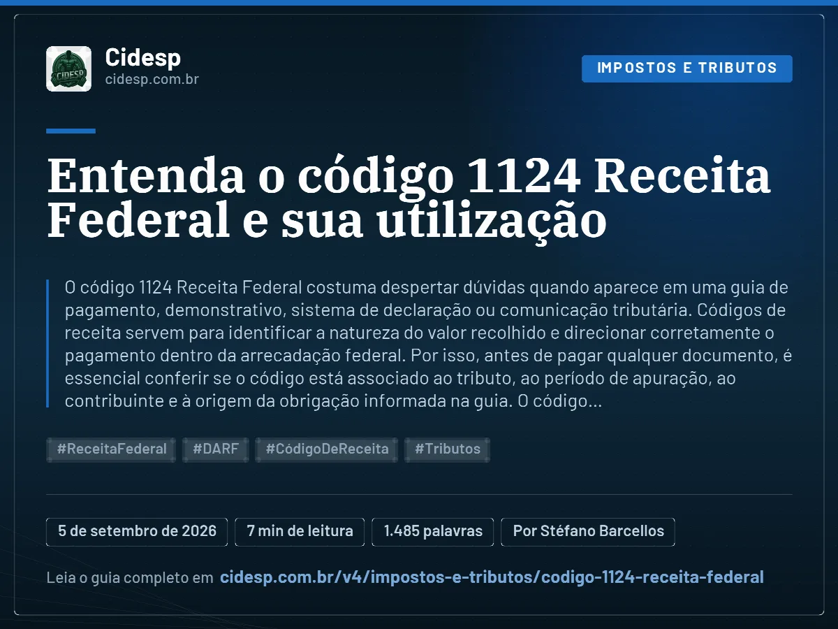 Cartão do artigo “Entenda o código 1124 Receita Federal e sua utilização”, com resumo, data de publicação e endereço da página.