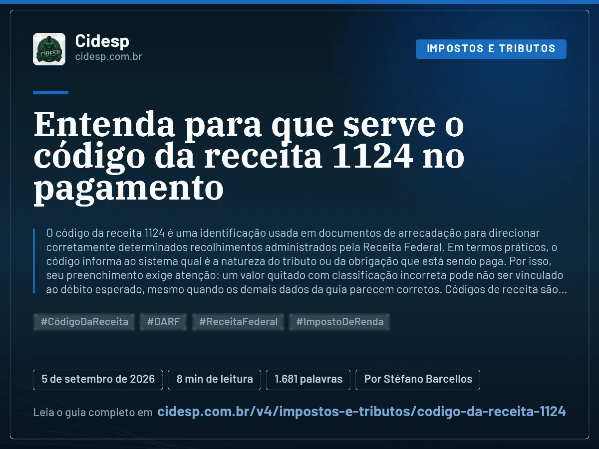 Cartão do artigo “Entenda para que serve o código da receita 1124 no pagamento”, com resumo, data de publicação e endereço da página.