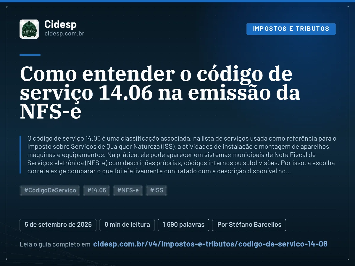 Cartão do artigo “Como entender o código de serviço 14.06 na emissão da NFS-e”, com resumo, data de publicação e endereço da página.