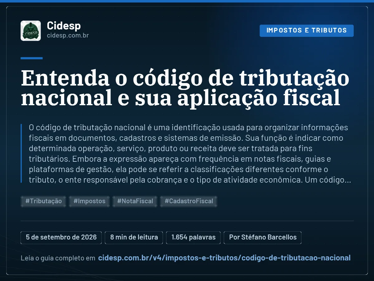 Cartão do artigo “Entenda o código de tributação nacional e sua aplicação fiscal”, com resumo, data de publicação e endereço da página.