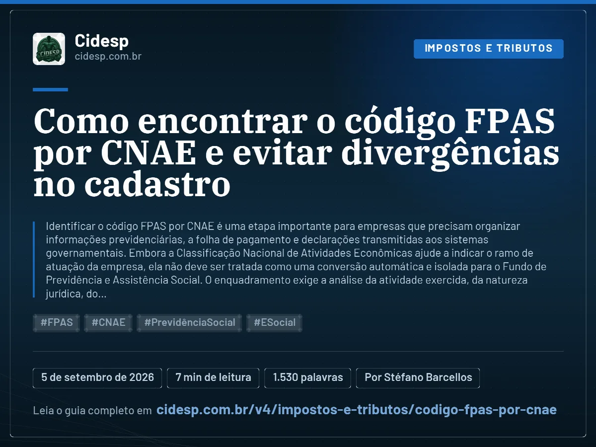 Cartão do artigo “Como encontrar o código FPAS por CNAE e evitar divergências no cadastro”, com resumo, data de publicação e endereço da página.