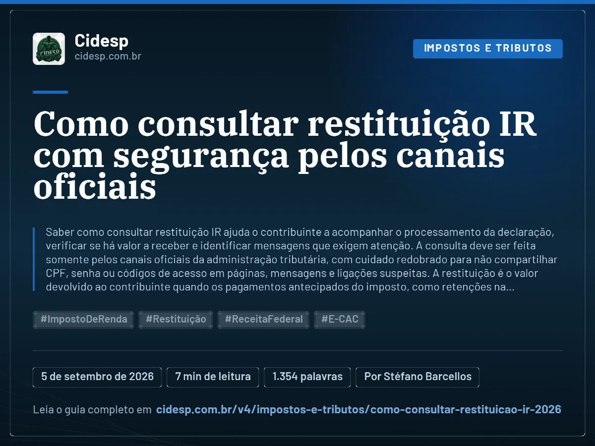 Cartão do artigo “Como consultar restituição IR com segurança pelos canais oficiais”, com resumo, data de publicação e endereço da página.