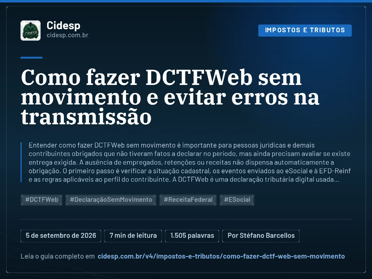 Cartão do artigo “Como fazer DCTFWeb sem movimento e evitar erros na transmissão”, com resumo, data de publicação e endereço da página.
