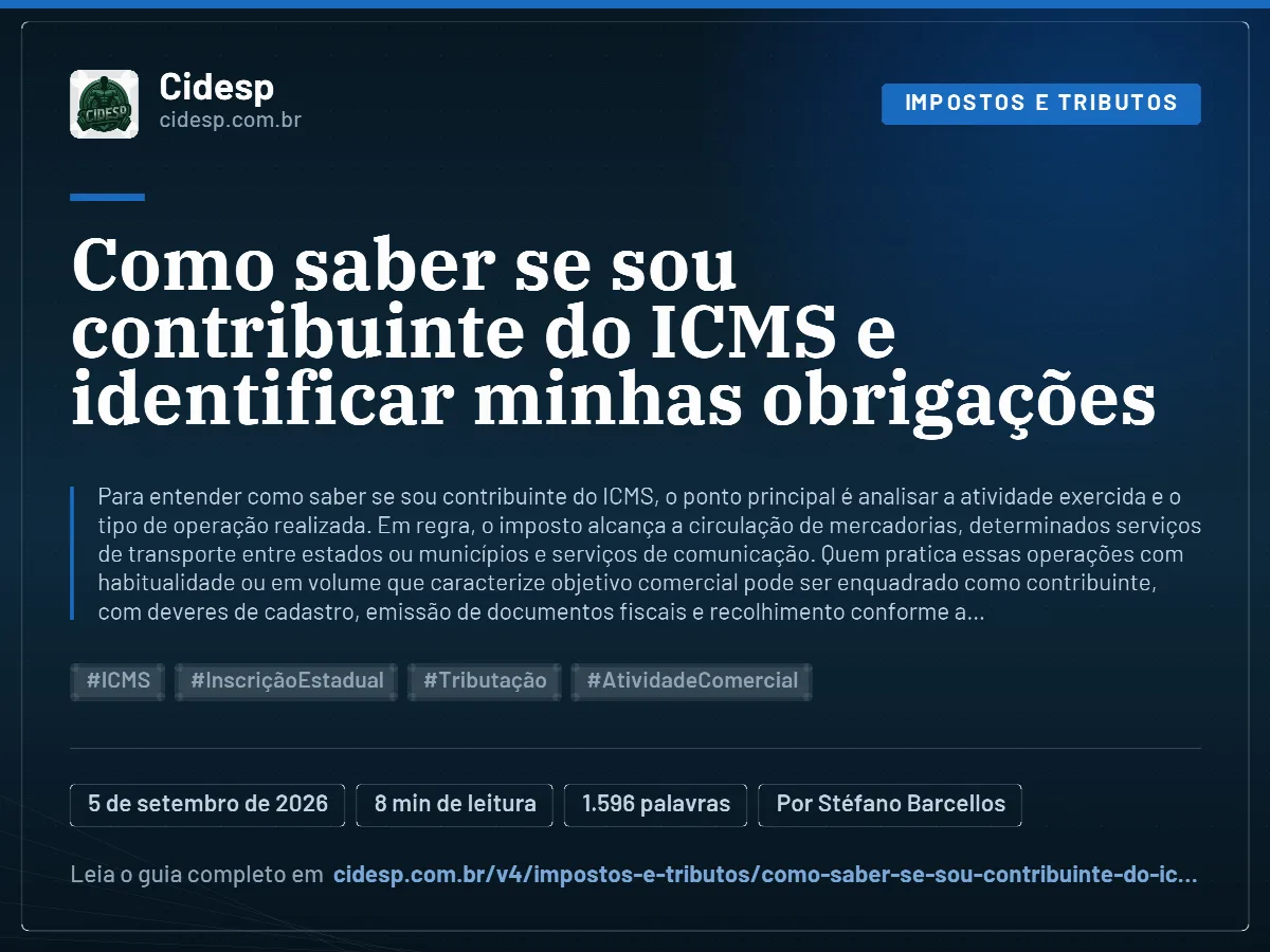 Cartão do artigo “Como saber se sou contribuinte do ICMS e identificar minhas obrigações”, com resumo, data de publicação e endereço da página.