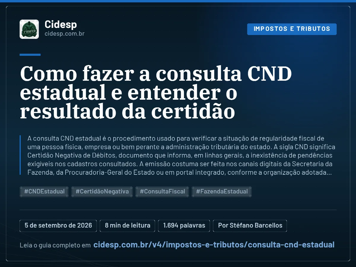 Cartão do artigo “Como fazer a consulta CND estadual e entender o resultado da certidão”, com resumo, data de publicação e endereço da página.