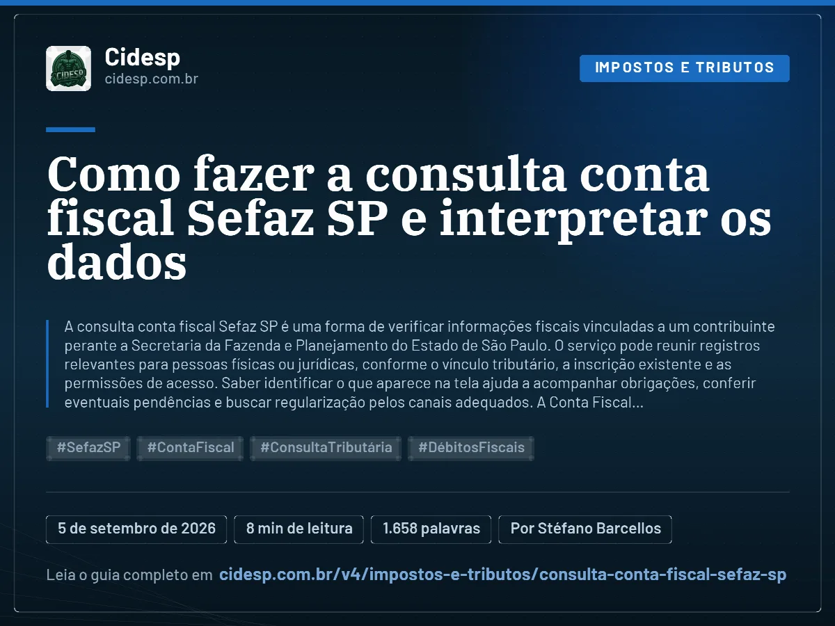 Cartão do artigo “Como fazer a consulta conta fiscal Sefaz SP e interpretar os dados”, com resumo, data de publicação e endereço da página.