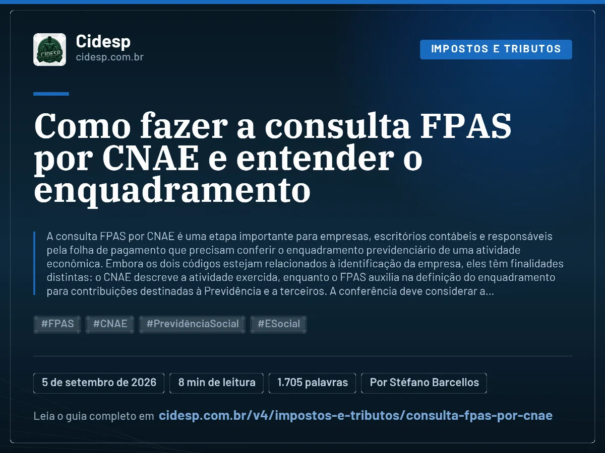 Cartão do artigo “Como fazer a consulta FPAS por CNAE e entender o enquadramento”, com resumo, data de publicação e endereço da página.
