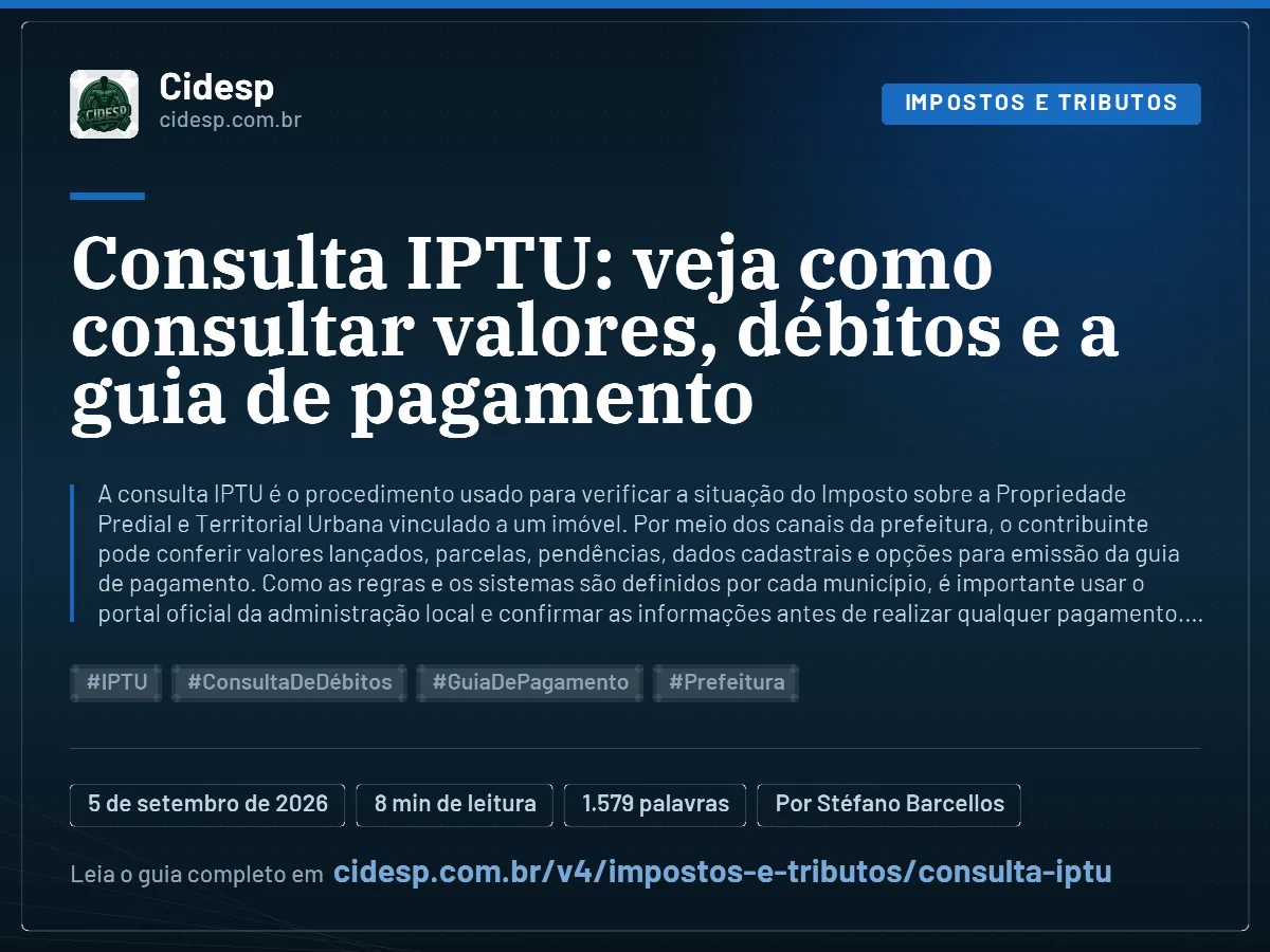 Cartão do artigo “Consulta IPTU: veja como consultar valores, débitos e a guia de pagamento”, com resumo, data de publicação e endereço da página.