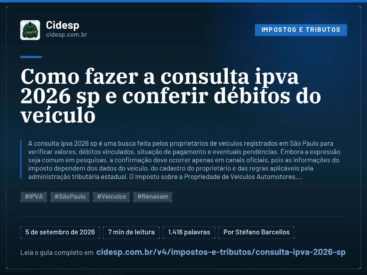 Cartão do artigo “Como fazer a consulta ipva 2026 sp e conferir débitos do veículo”, com resumo, data de publicação e endereço da página.
