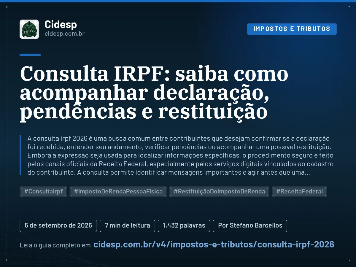 Cartão do artigo “Consulta IRPF: saiba como acompanhar declaração, pendências e restituição”, com resumo, data de publicação e endereço da página.