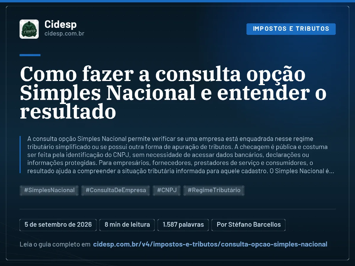 Cartão do artigo “Como fazer a consulta opção Simples Nacional e entender o resultado”, com resumo, data de publicação e endereço da página.