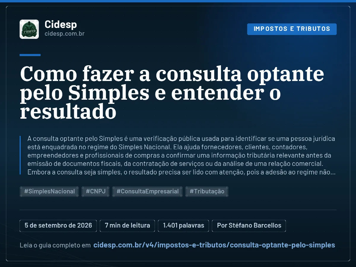 Cartão do artigo “Como fazer a consulta optante pelo Simples e entender o resultado”, com resumo, data de publicação e endereço da página.