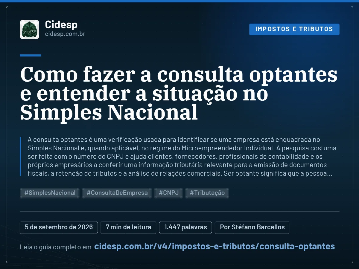 Cartão do artigo “Como fazer a consulta optantes e entender a situação no Simples Nacional”, com resumo, data de publicação e endereço da página.
