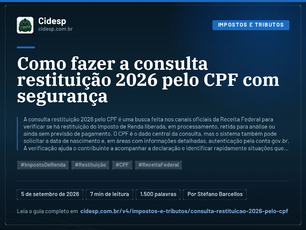 Cartão do artigo “Como fazer a consulta restituição 2026 pelo CPF com segurança”, com resumo, data de publicação e endereço da página.