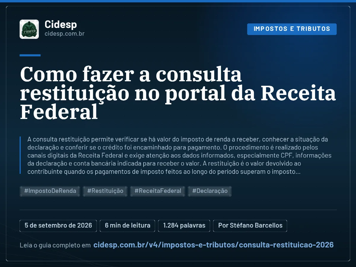 Cartão do artigo “Como fazer a consulta restituição no portal da Receita Federal”, com resumo, data de publicação e endereço da página.