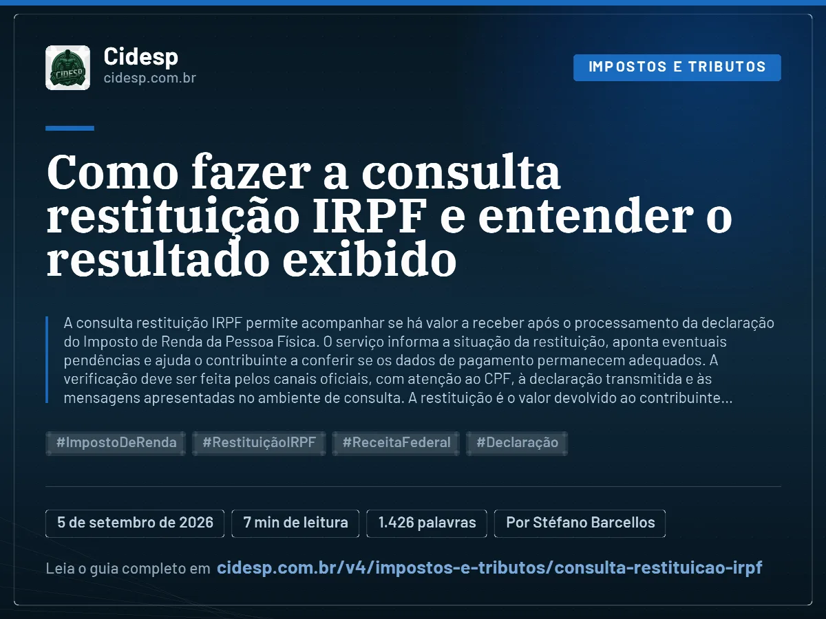 Cartão do artigo “Como fazer a consulta restituição IRPF e entender o resultado exibido”, com resumo, data de publicação e endereço da página.