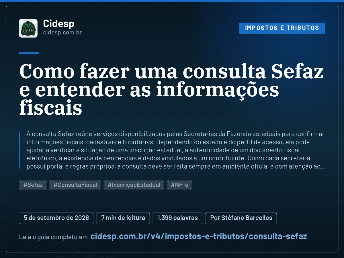 Cartão do artigo “Como fazer uma consulta Sefaz e entender as informações fiscais”, com resumo, data de publicação e endereço da página.