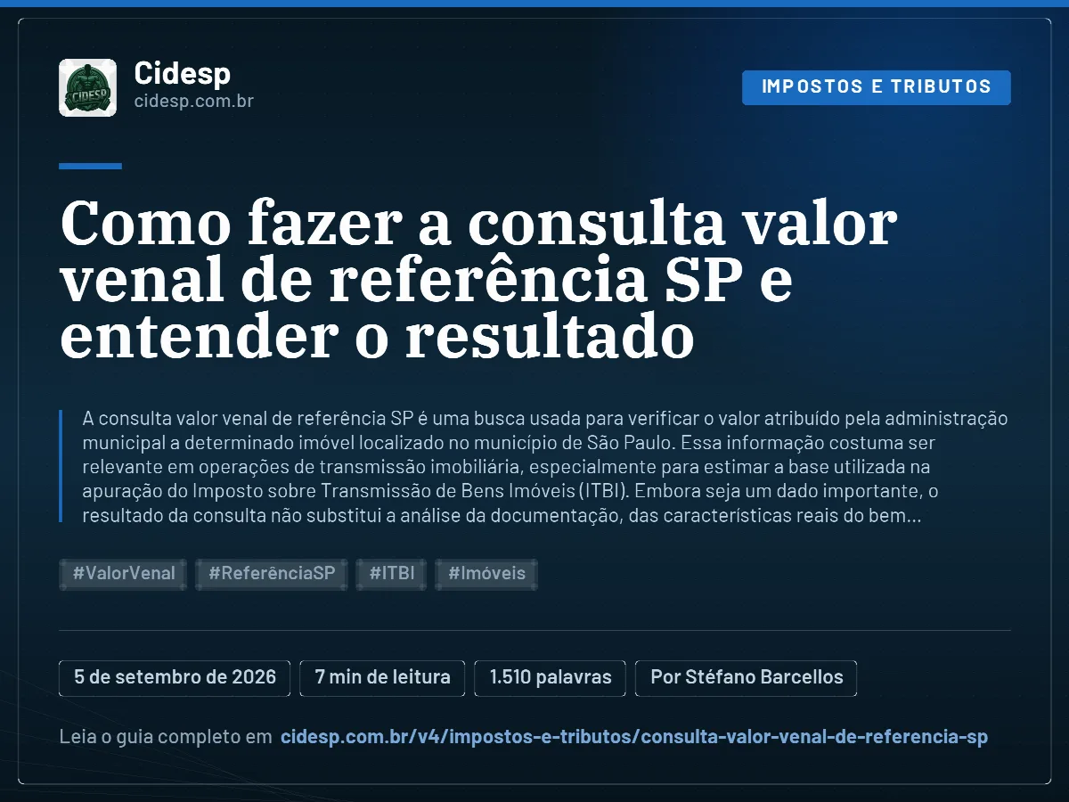 Cartão do artigo “Como fazer a consulta valor venal de referência SP e entender o resultado”, com resumo, data de publicação e endereço da página.