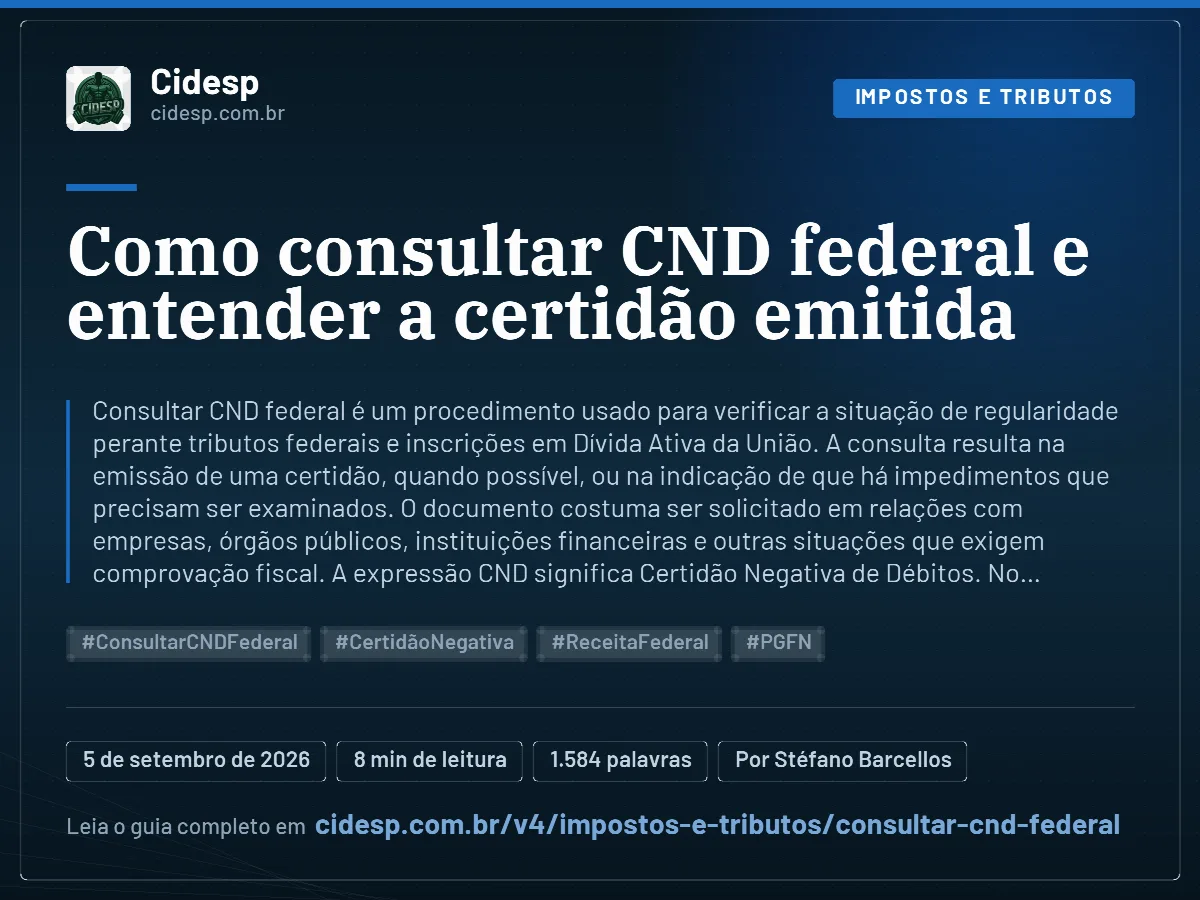 Cartão do artigo “Como consultar CND federal e entender a certidão emitida”, com resumo, data de publicação e endereço da página.