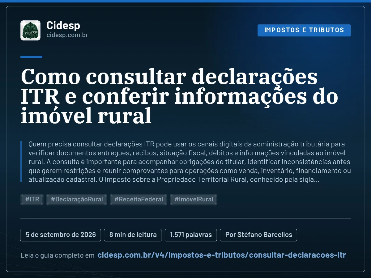 Cartão do artigo “Como consultar declarações ITR e conferir informações do imóvel rural”, com resumo, data de publicação e endereço da página.