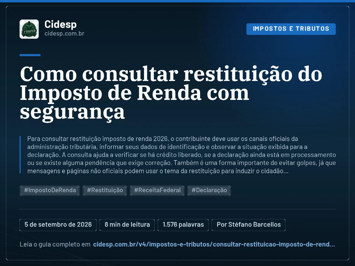 Cartão do artigo “Como consultar restituição do Imposto de Renda com segurança”, com resumo, data de publicação e endereço da página.