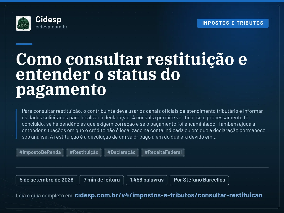 Cartão do artigo “Como consultar restituição e entender o status do pagamento”, com resumo, data de publicação e endereço da página.