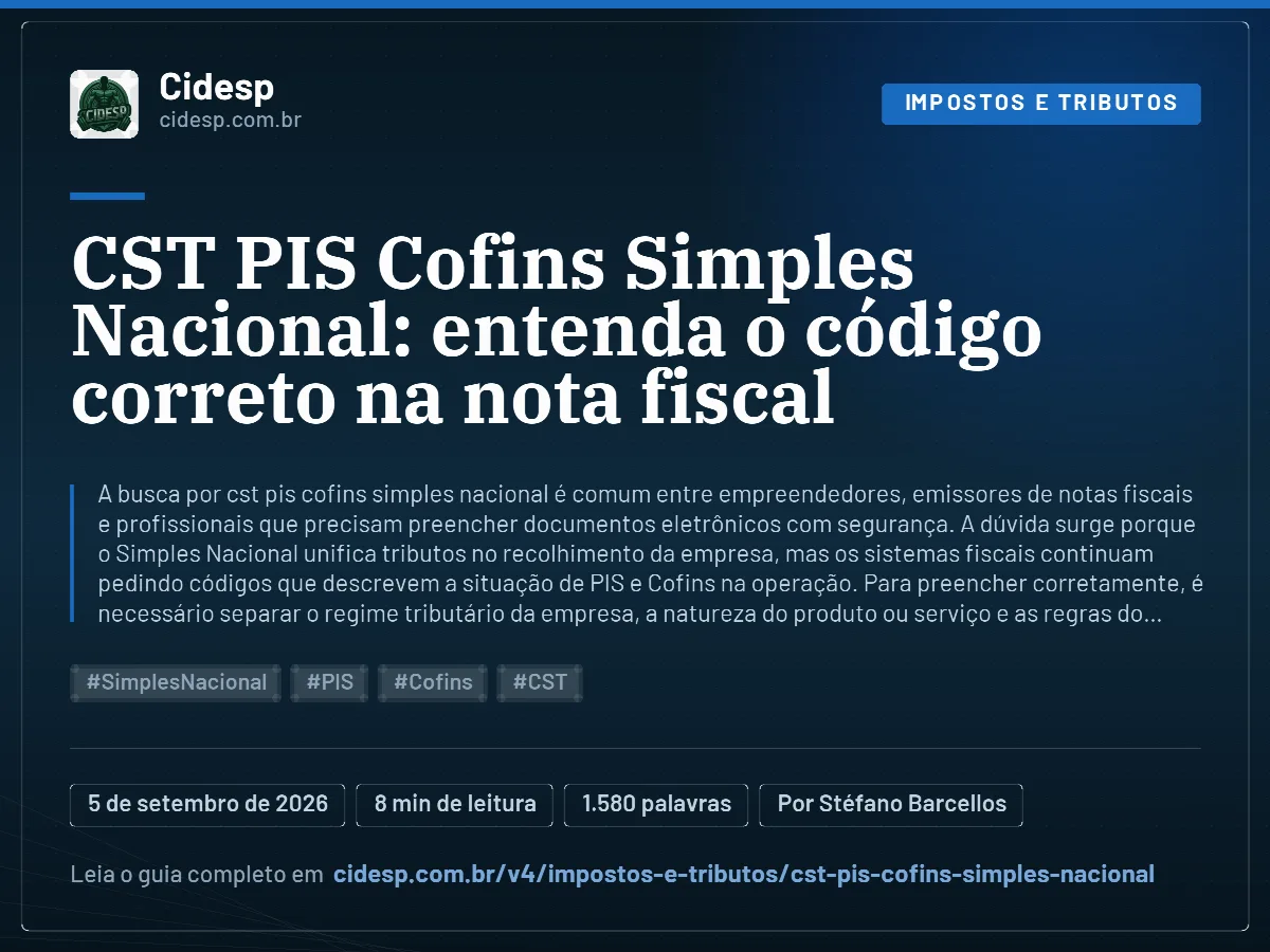 Cartão do artigo “CST PIS Cofins Simples Nacional: entenda o código correto na nota fiscal”, com resumo, data de publicação e endereço da página.