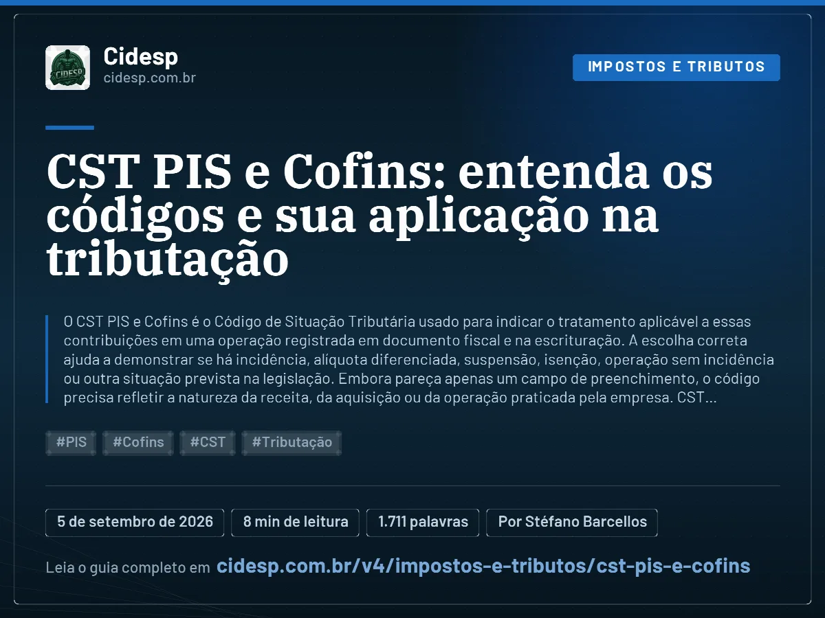 Cartão do artigo “CST PIS e Cofins: entenda os códigos e sua aplicação na tributação”, com resumo, data de publicação e endereço da página.
