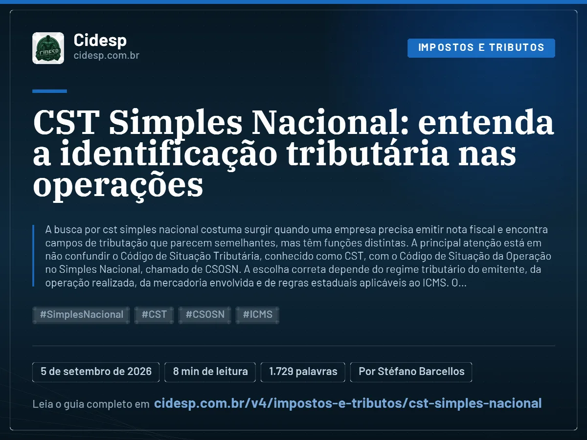 Cartão do artigo “CST Simples Nacional: entenda a identificação tributária nas operações”, com resumo, data de publicação e endereço da página.