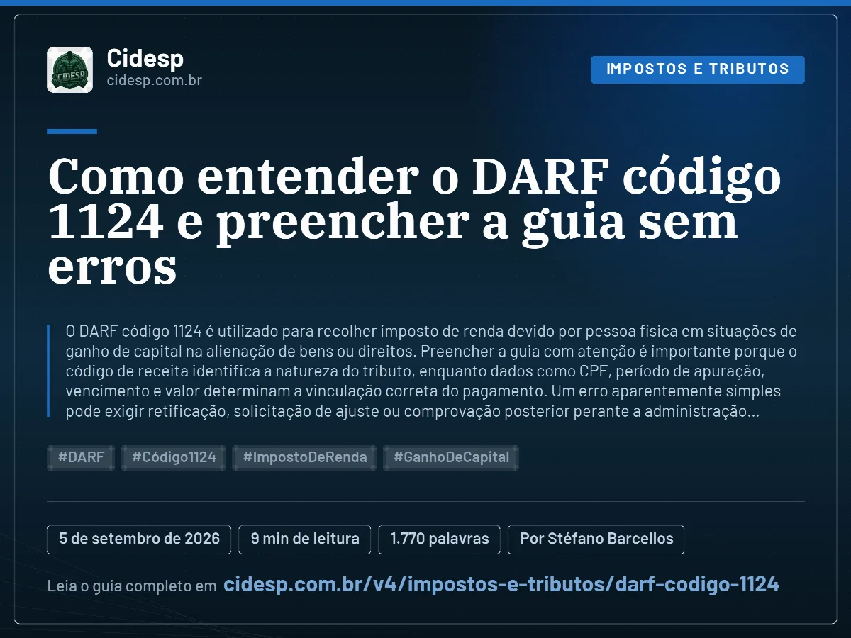 Cartão do artigo “Como entender o DARF código 1124 e preencher a guia sem erros”, com resumo, data de publicação e endereço da página.