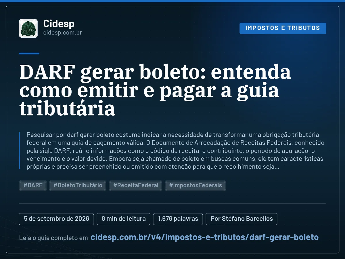 Cartão do artigo “DARF gerar boleto: entenda como emitir e pagar a guia tributária”, com resumo, data de publicação e endereço da página.