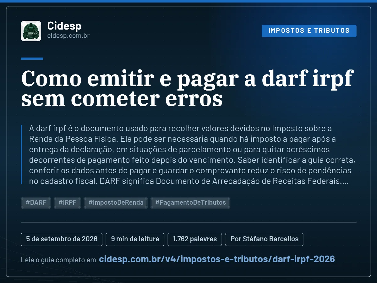 Cartão do artigo “Como emitir e pagar a darf irpf sem cometer erros”, com resumo, data de publicação e endereço da página.