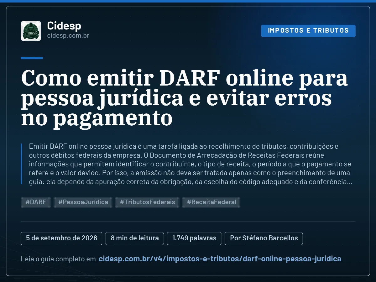 Cartão do artigo “Como emitir DARF online para pessoa jurídica e evitar erros no pagamento”, com resumo, data de publicação e endereço da página.