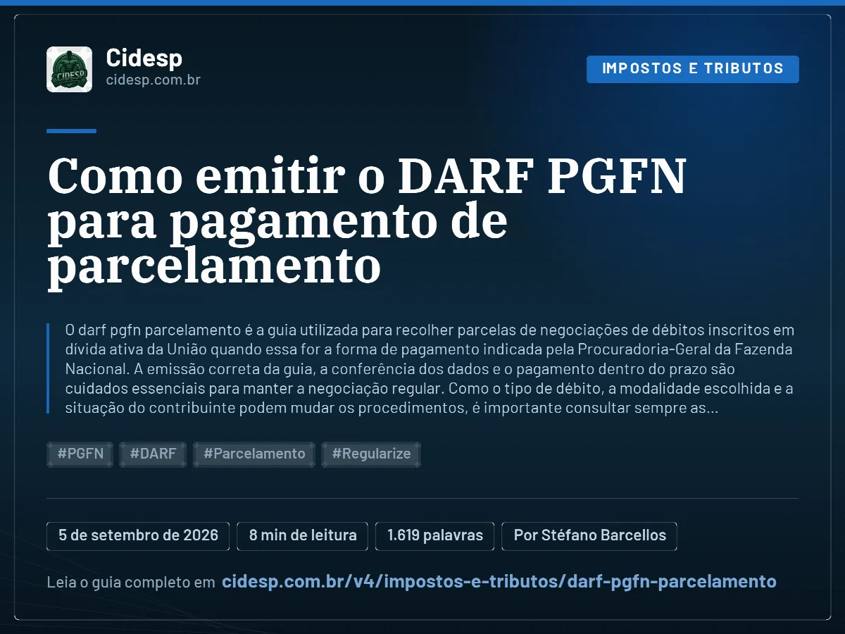 Cartão do artigo “Como emitir o DARF PGFN para pagamento de parcelamento”, com resumo, data de publicação e endereço da página.
