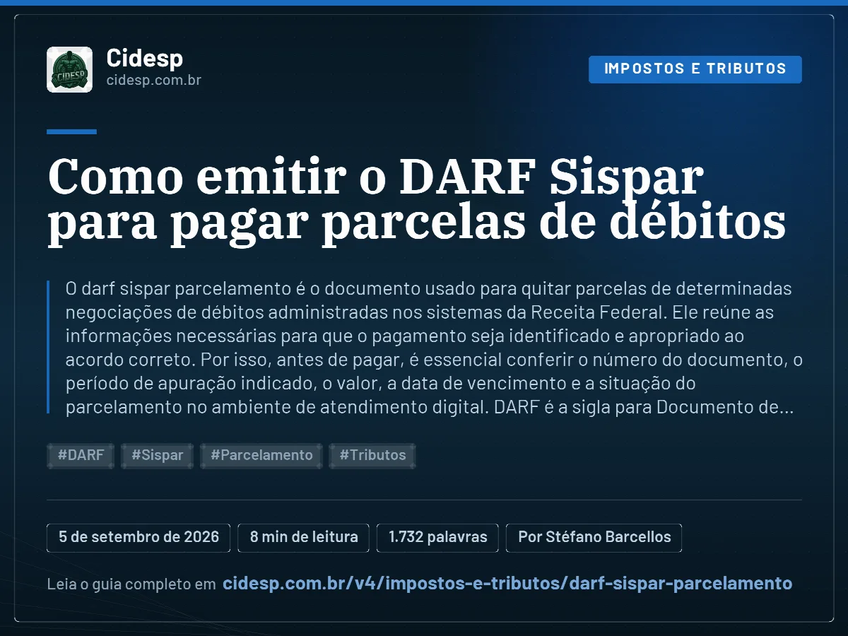 Cartão do artigo “Como emitir o DARF Sispar para pagar parcelas de débitos”, com resumo, data de publicação e endereço da página.