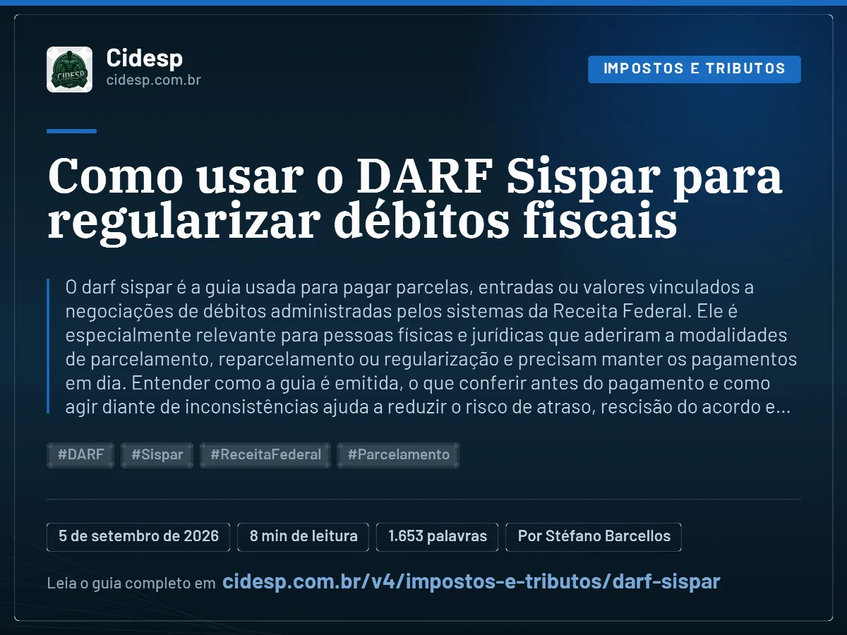 Cartão do artigo “Como usar o DARF Sispar para regularizar débitos fiscais”, com resumo, data de publicação e endereço da página.