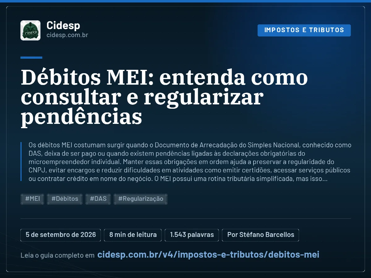 Cartão do artigo “Débitos MEI: entenda como consultar e regularizar pendências”, com resumo, data de publicação e endereço da página.
