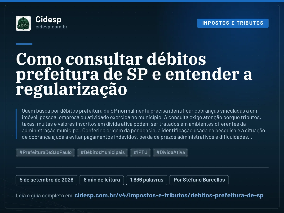 Cartão do artigo “Como consultar débitos prefeitura de SP e entender a regularização”, com resumo, data de publicação e endereço da página.