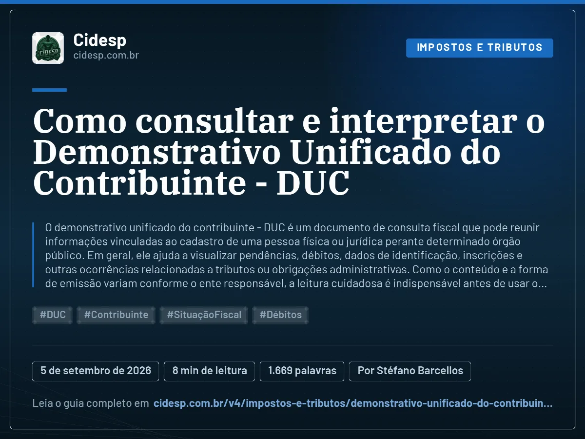 Cartão do artigo “Como consultar e interpretar o Demonstrativo Unificado do Contribuinte - DUC”, com resumo, data de publicação e endereço da página.