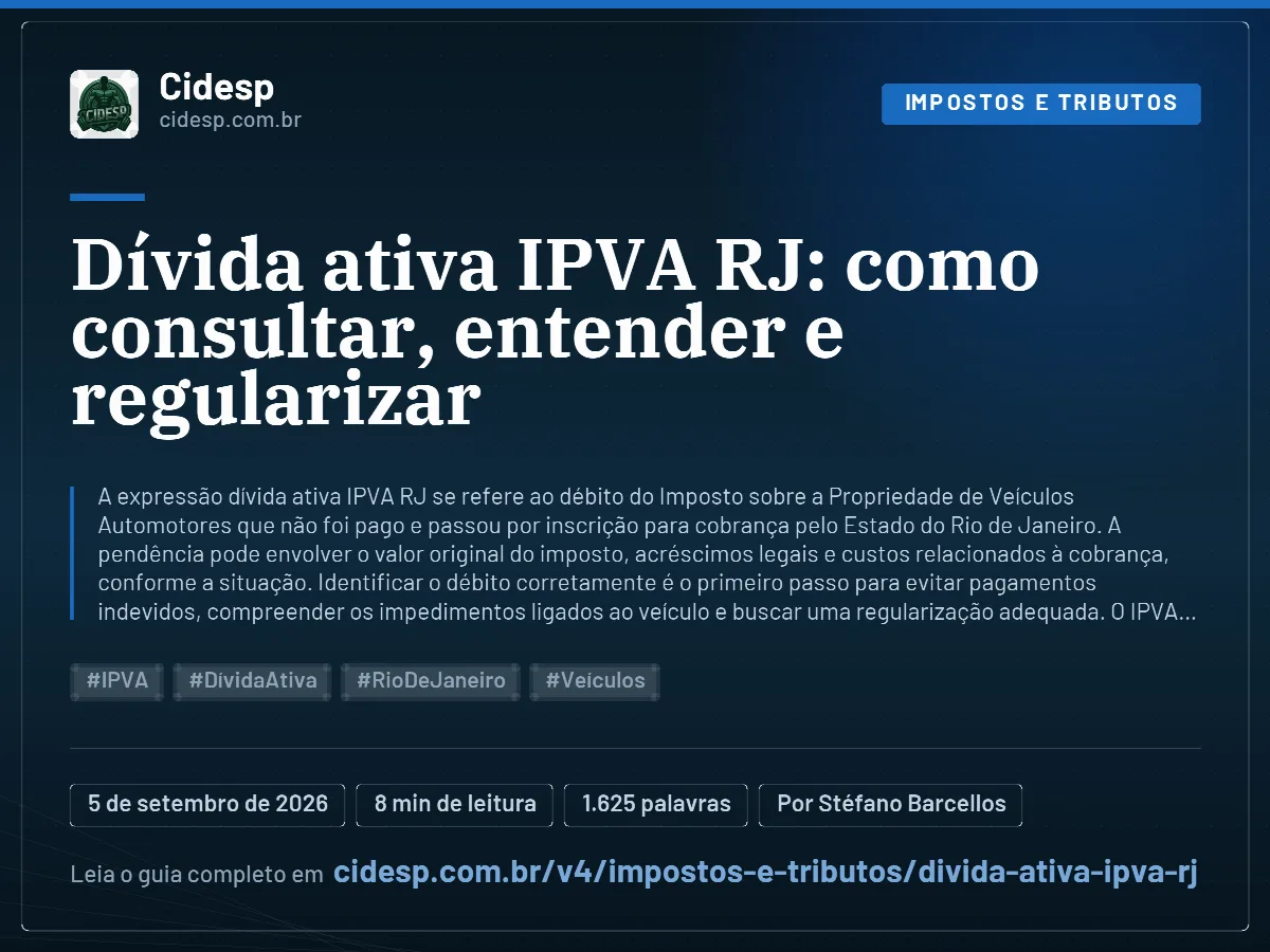 Cartão do artigo “Dívida ativa IPVA RJ: como consultar, entender e regularizar”, com resumo, data de publicação e endereço da página.