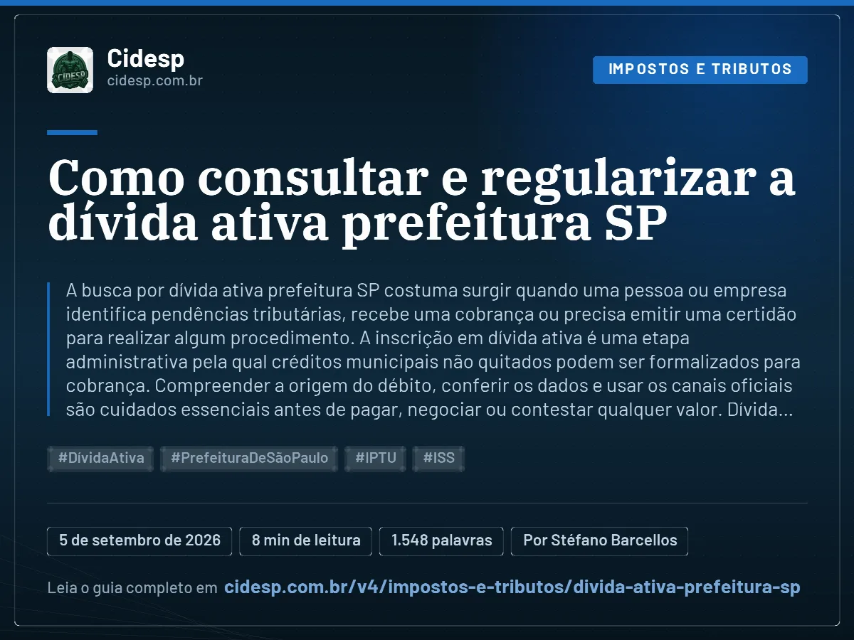 Cartão do artigo “Como consultar e regularizar a dívida ativa prefeitura SP”, com resumo, data de publicação e endereço da página.
