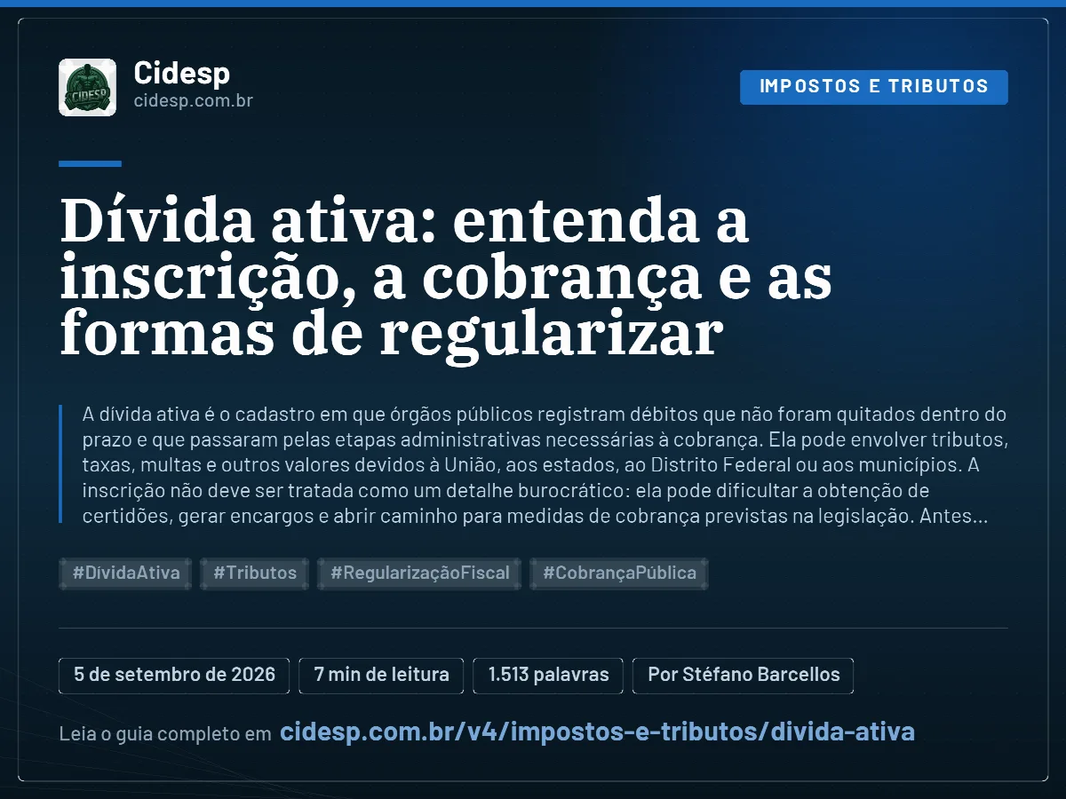 Cartão do artigo “Dívida ativa: entenda a inscrição, a cobrança e as formas de regularizar”, com resumo, data de publicação e endereço da página.