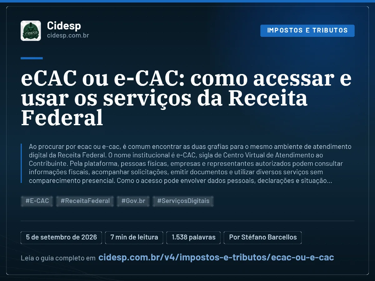 Cartão do artigo “eCAC ou e-CAC: como acessar e usar os serviços da Receita Federal”, com resumo, data de publicação e endereço da página.