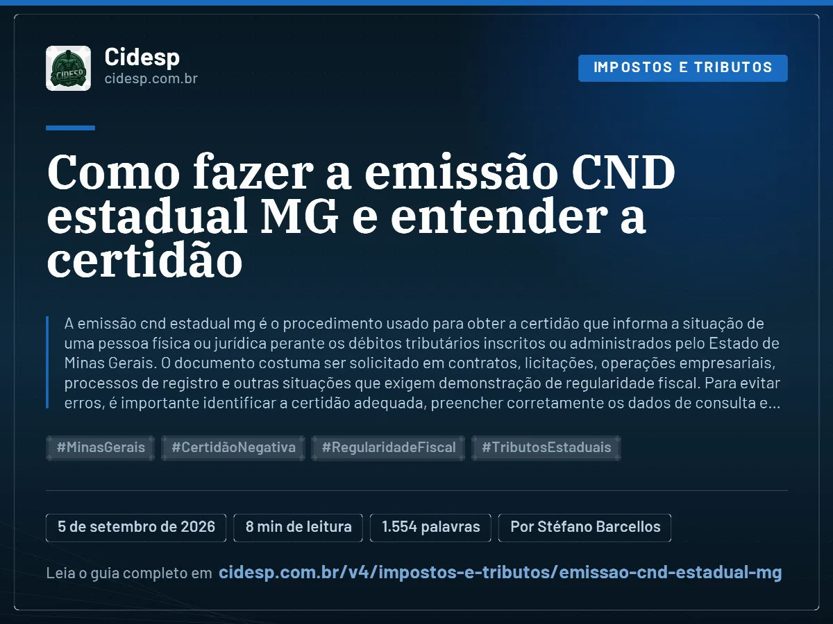 Cartão do artigo “Como fazer a emissão CND estadual MG e entender a certidão”, com resumo, data de publicação e endereço da página.