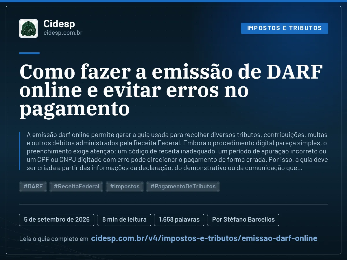 Cartão do artigo “Como fazer a emissão de DARF online e evitar erros no pagamento”, com resumo, data de publicação e endereço da página.