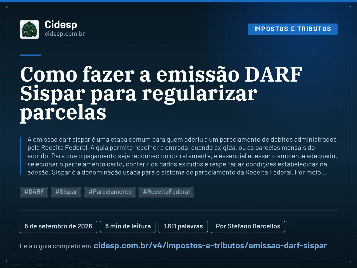 Cartão do artigo “Como fazer a emissão DARF Sispar para regularizar parcelas”, com resumo, data de publicação e endereço da página.
